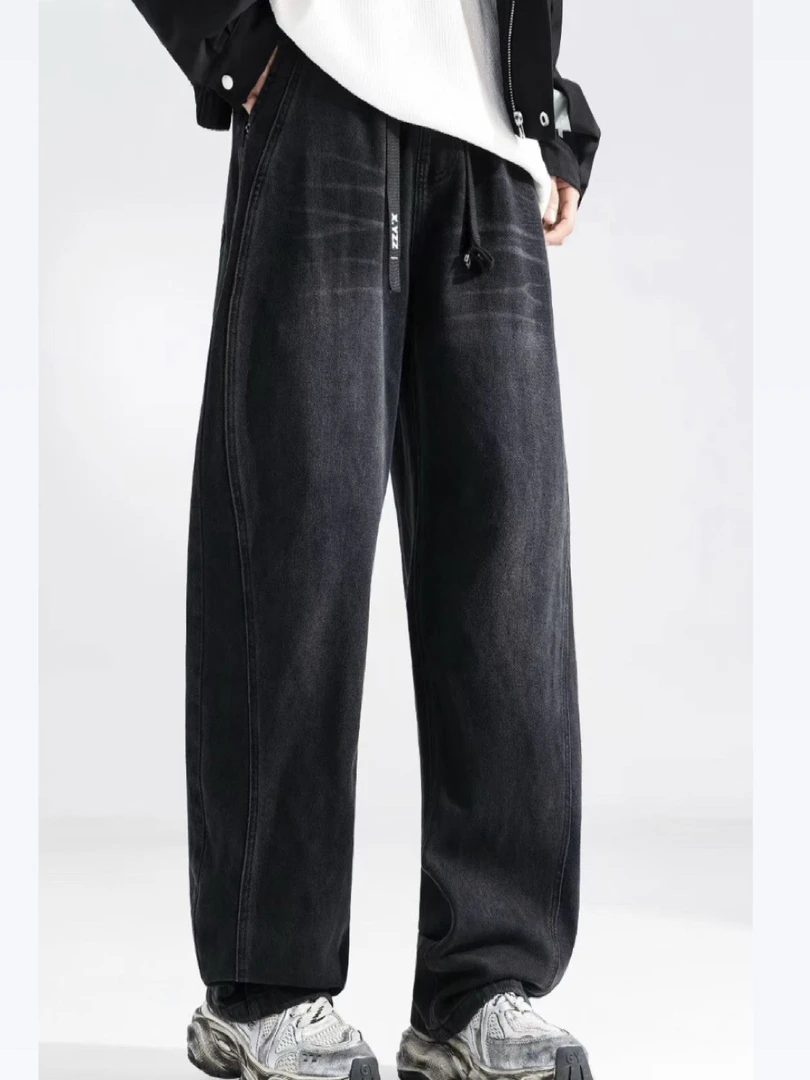 美式砂洗磨白工艺牛仔裤宽松休闲弯刀直筒裤高品质男士百搭春秋