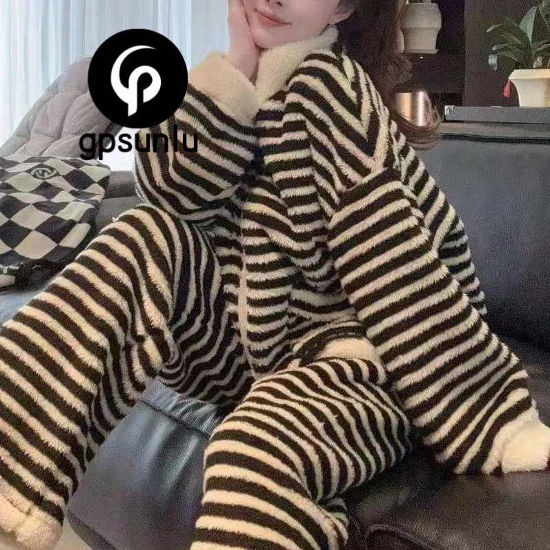 gpsunlu慵懒风条纹毛绒绒加绒加厚保暖睡衣女款冬季新款家居服
