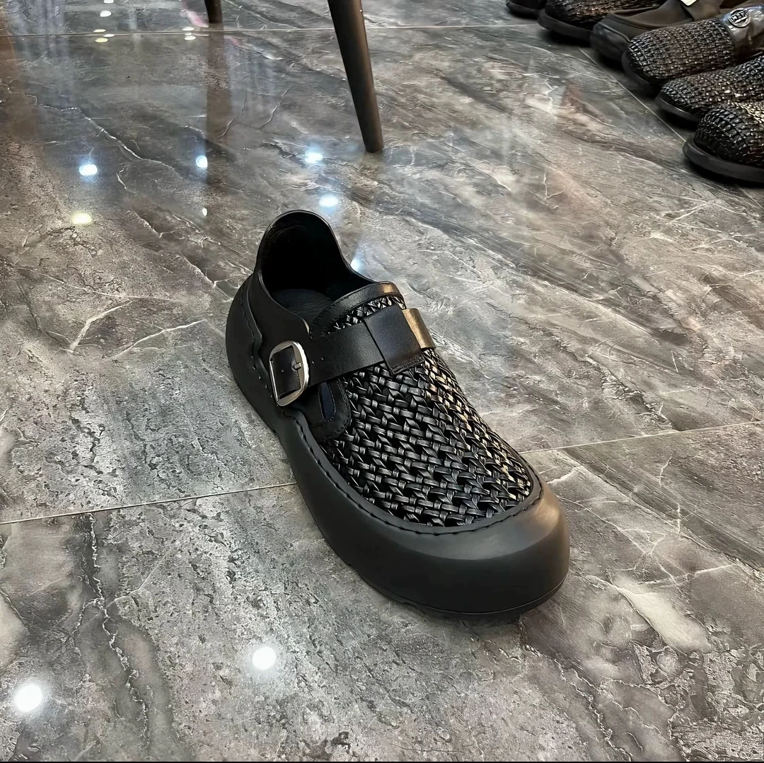 素面透气轻便编制休闲风休闲皮鞋低帮黑色百搭