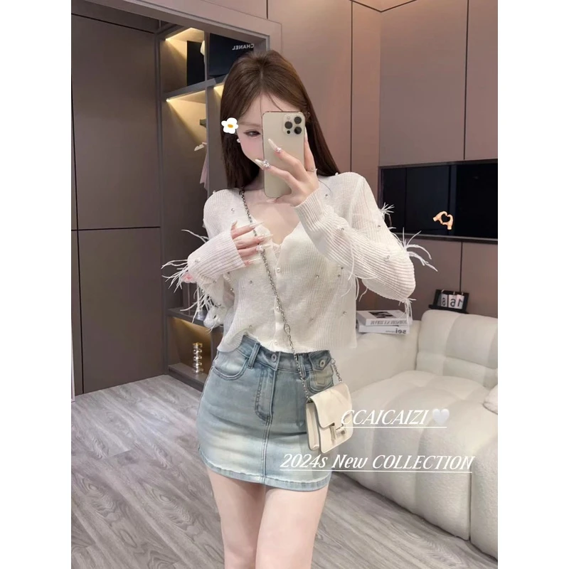 【慵懒梦境】针织设计感小众钉珠羽毛防晒开衫上衣