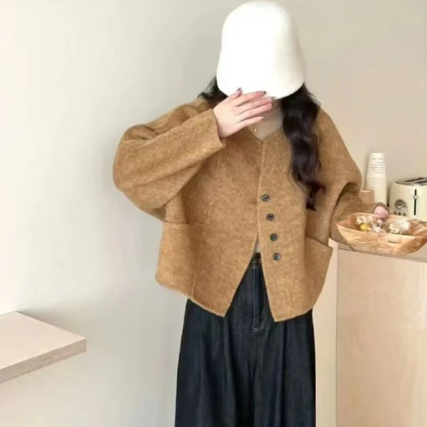 新款圆领短款小香风韩版毛呢外套休闲双面百搭2538