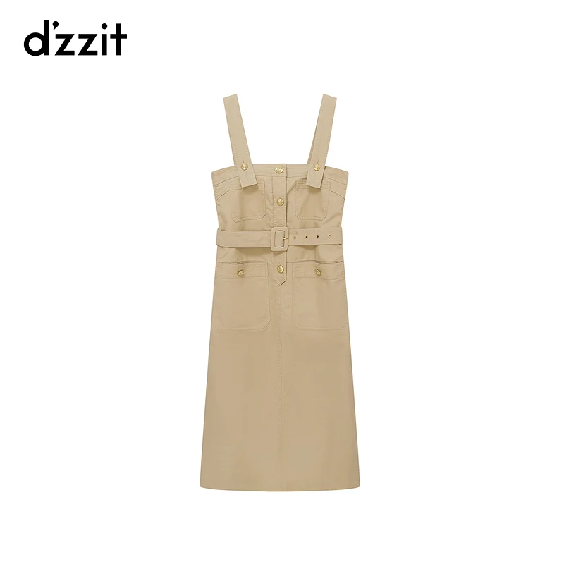 【专柜同款】dzzit地素背带连衣裙开叉设计附腰带直筒裙子女3I1O203