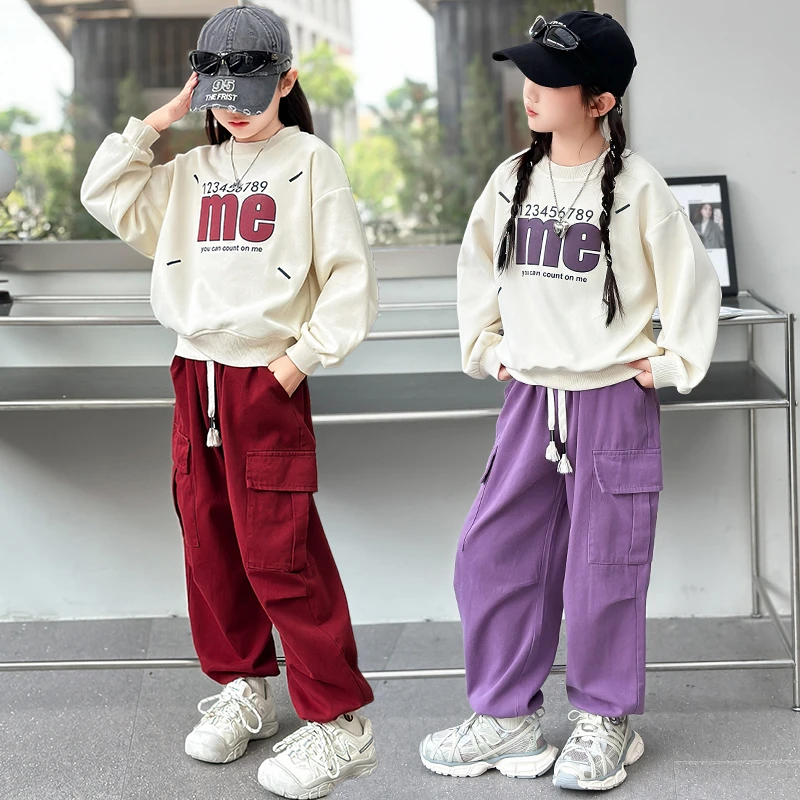 女童网红套装春秋装2025新款中大童洋气韩版卫衣休闲工装裤两件套