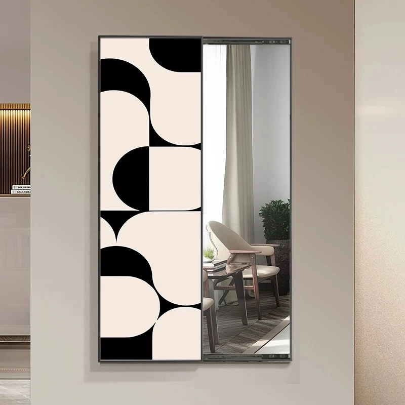 包安装-抽象隐藏式全身镜玄关装饰画推拉镜简约卧室隐形穿衣镜