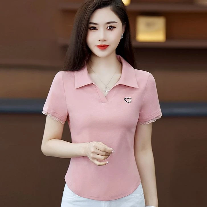 粉色POLO领短袖T恤女2025春夏新款修身显瘦减龄半袖体恤半袖上衣