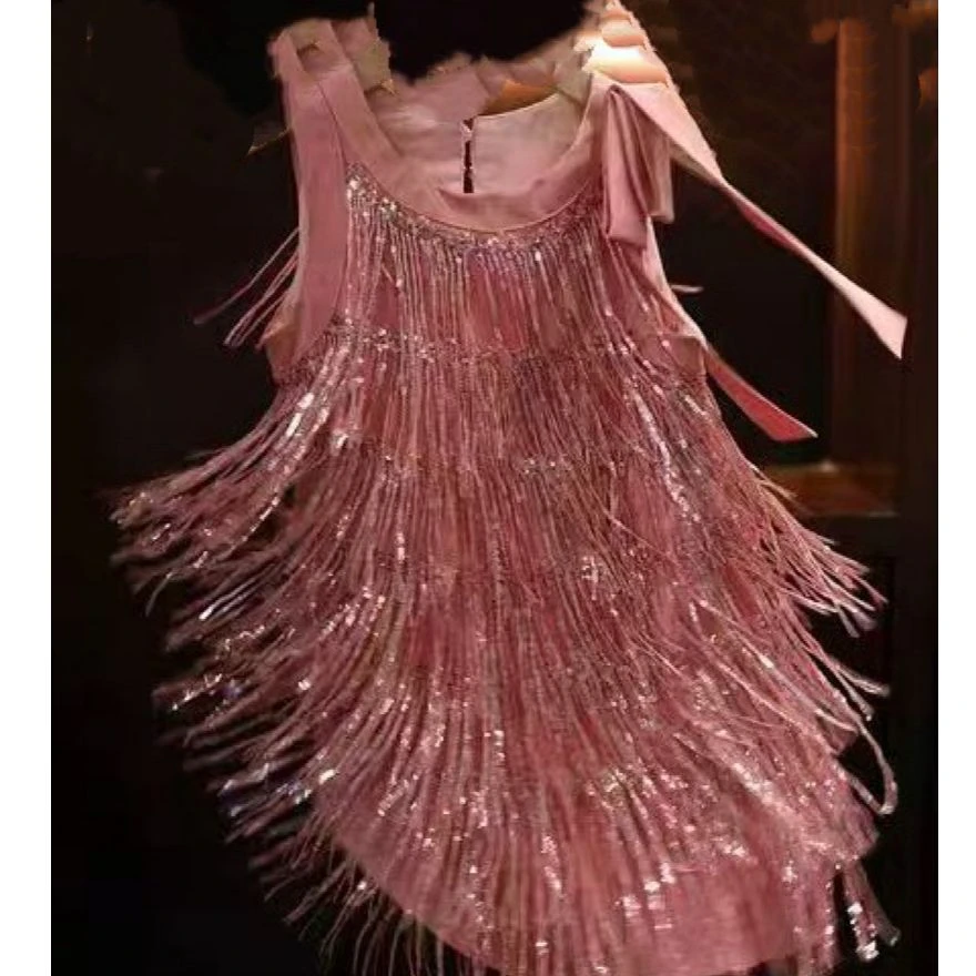 大金定制夏季新款小香风粉色生日流苏连衣裙女宝宝轻奢风礼服裙