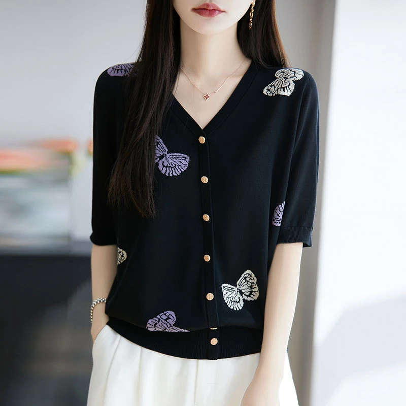 哥弟阿玛施官方夏季新款针织衫女V领小香风提花时尚百搭显瘦上衣