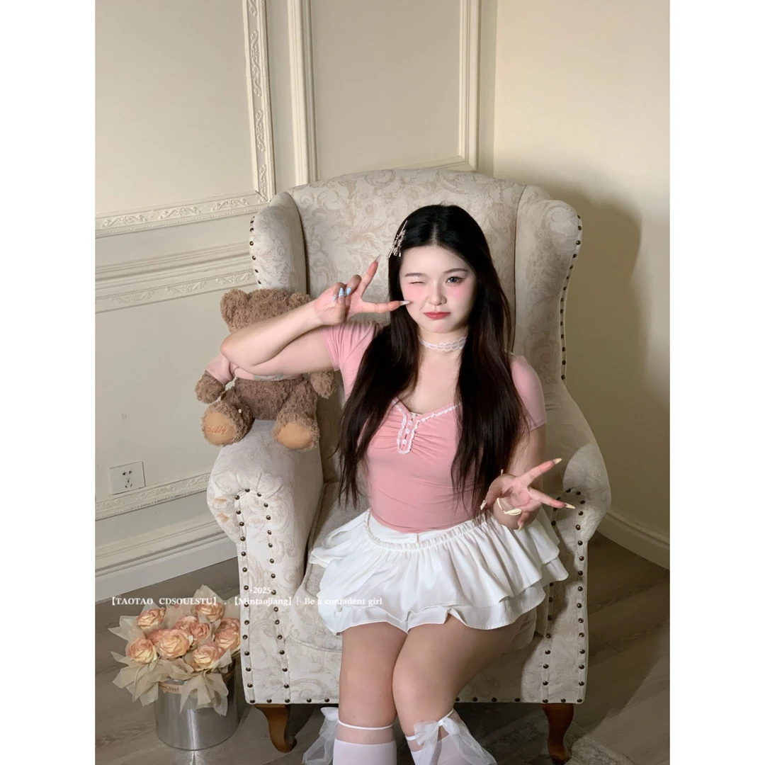 CD.soul【甜心软妹】大码粉色V领紧身短袖t恤夏季纯欲正肩辣妹上衣