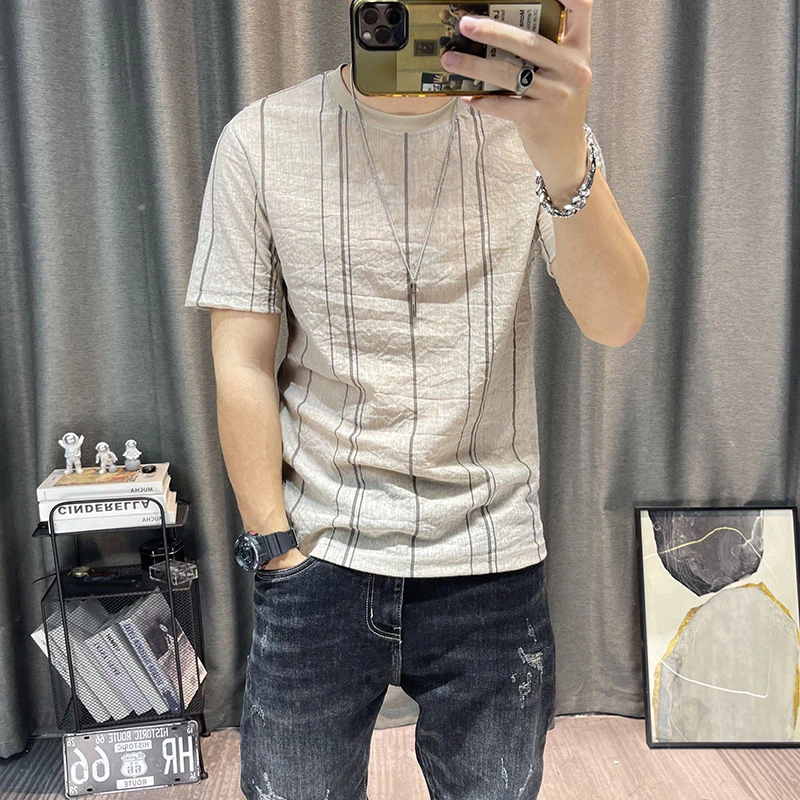 男士短袖T恤棉麻休闲圆领打底衫夏季新品青年条纹图案半袖体恤潮t