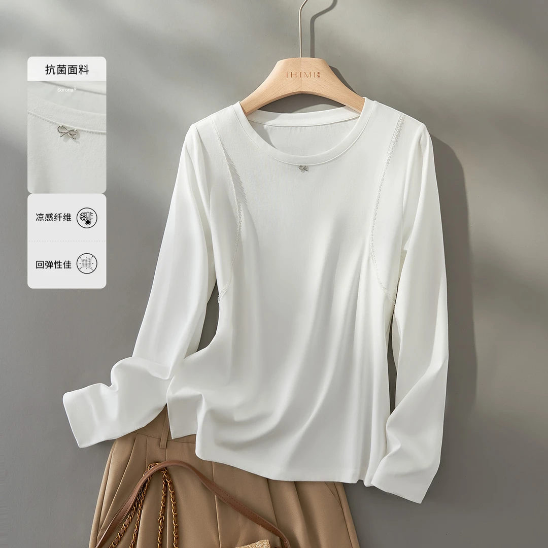 IHIMI/海谧【巨能搭】2025秋款简约百搭圆领夹花边结构设计长袖T恤