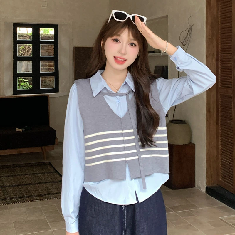 【拍下衬衫+马甲】温柔风Polo领衬衫配针织马甲两件套女设计感套装