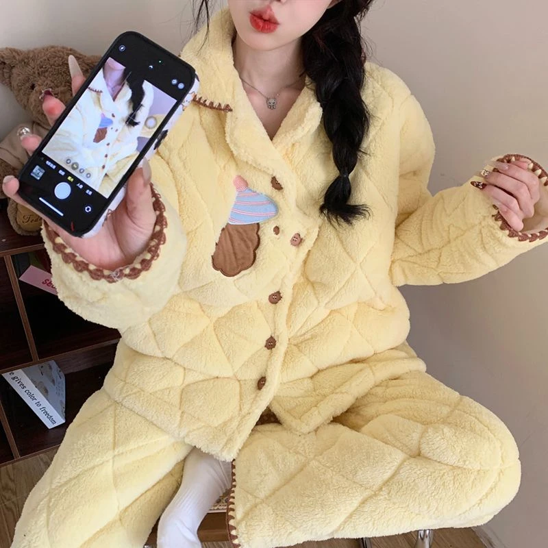 韩国腊肠狗三层夹棉袄保暖睡衣女加绒加厚秋冬季冬款家居服可外穿