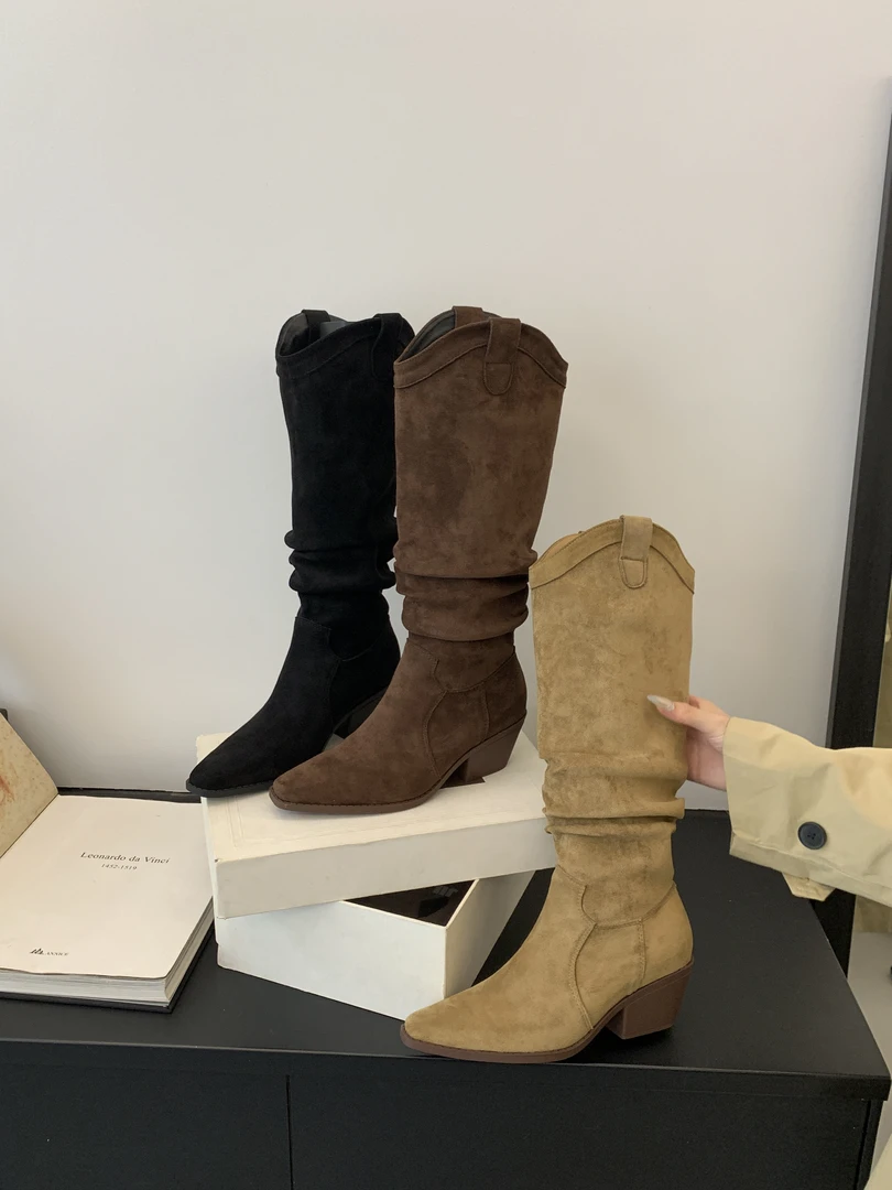 长靴女2025秋冬季女靴新款粗跟靴子高跟鞋西部靴骑士靴方头长筒靴