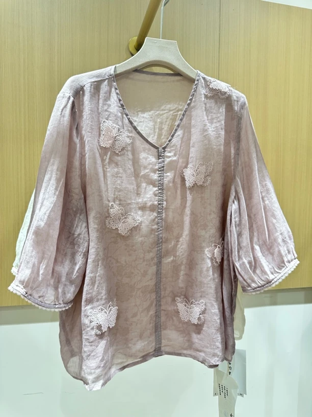 发现美上新夏季圆领刺绣苎麻蝴蝶民族风斜襟宽松文艺手工盘扣衬衫