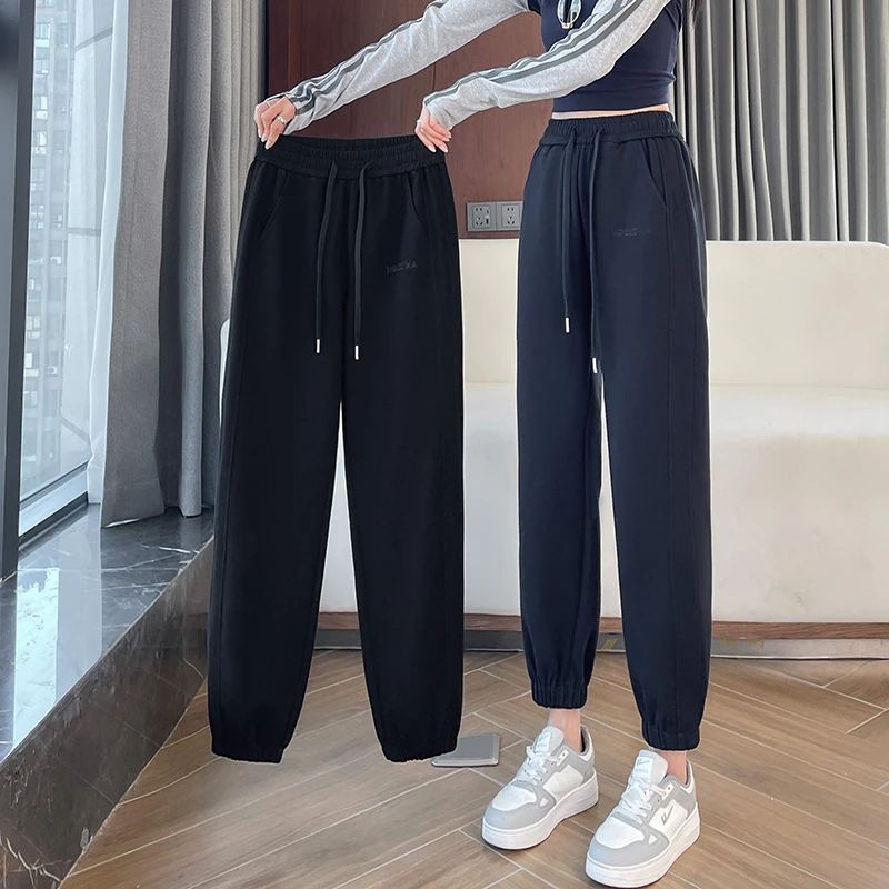 春秋季高腰显瘦束脚卫裤女初中高中学生冬季加绒休闲运动跑步裤子