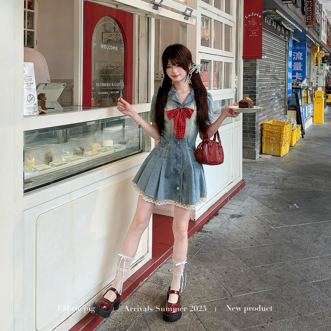 甜莓假日 织物猪原创 少女风牛仔衬衫连衣裙女夏收腰蝴蝶结短裙