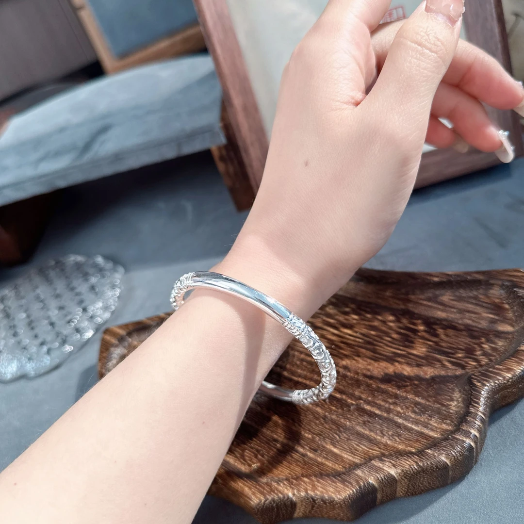 足银手镯 实心重工金箍棒祥云男女情侣对镯