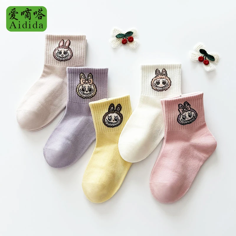 爱嘀嗒儿童袜子女童宝宝春秋款精梳棉可爱卡通抗起球防臭中筒袜子