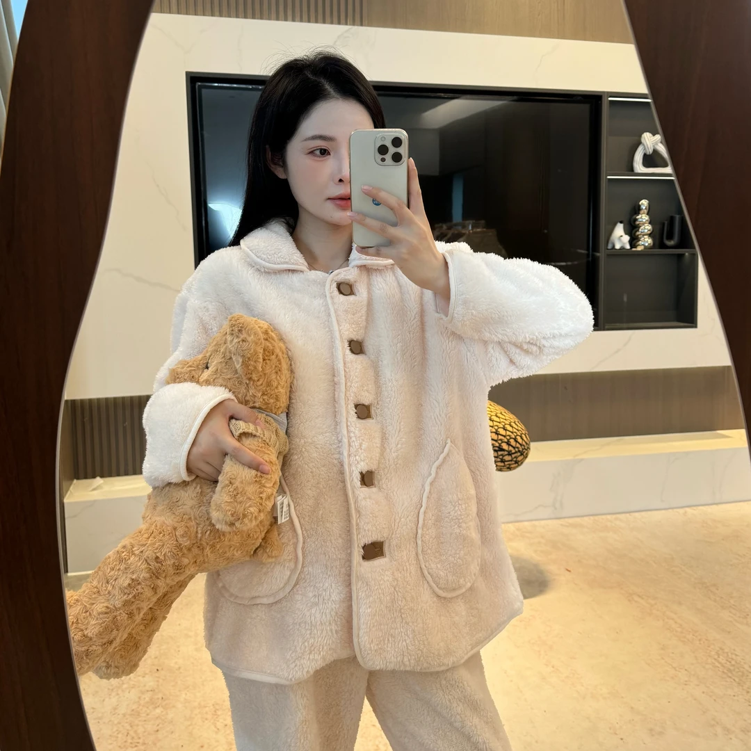 宿慕SUMU女士加绒家居服套装秋冬新款加厚保暖舒适宽松睡衣两件套