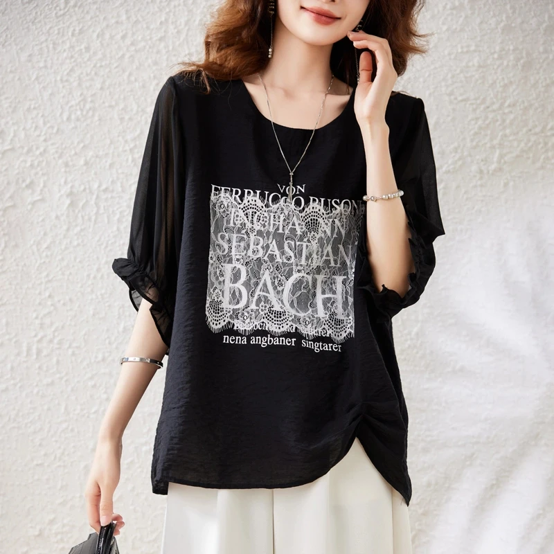 短袖t恤女时尚宽松大码2025新款欧货大版洋气小众宽松蕾丝上衣夏