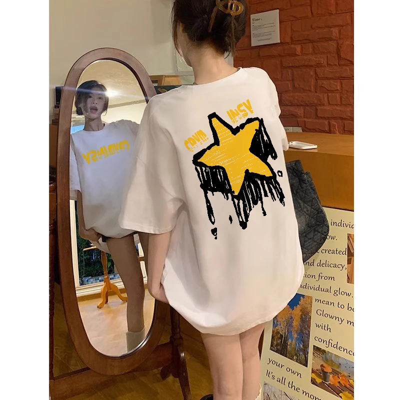 100%重磅纯棉潮流T恤美式复古字母ins外穿百搭星星印花半袖女上衣