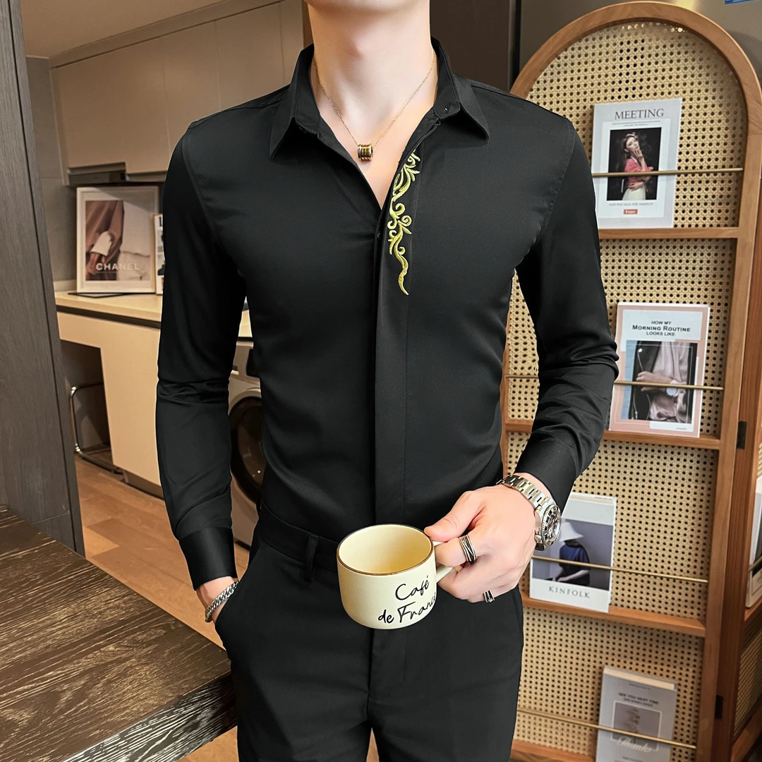 秋季2025新款刺绣长袖衬衫男士高级感潮流痞帅修身暗门襟衬衣男装