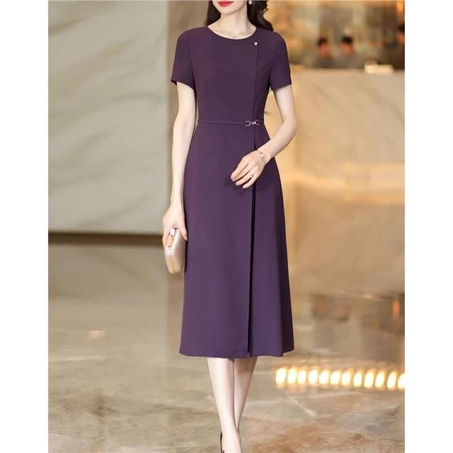 气质高级感紫色连衣裙女2025年夏季大码收腰遮肚显瘦欧货百褶裙子