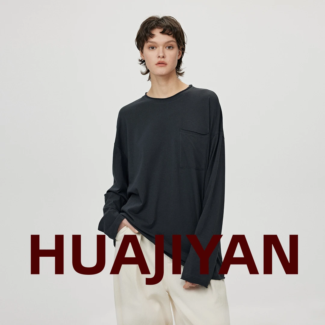 华吉言/HUAJIYAN【暗语】棉麻混纺双层卷边设计百搭休闲T恤