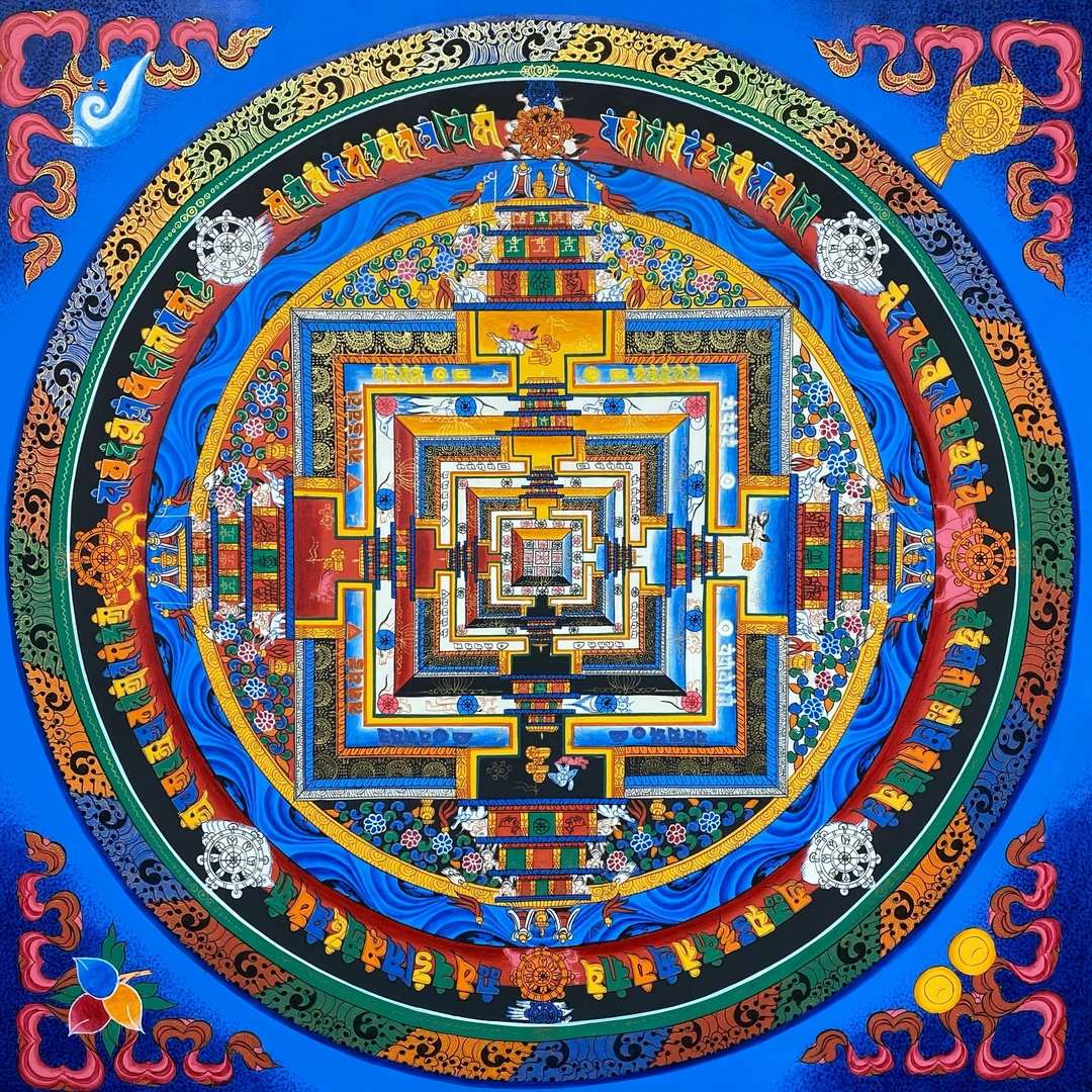 纯手绘矿料蓝唐时轮金刚坛城唐卡挂画尺寸50×50客厅玄关等地挂画
