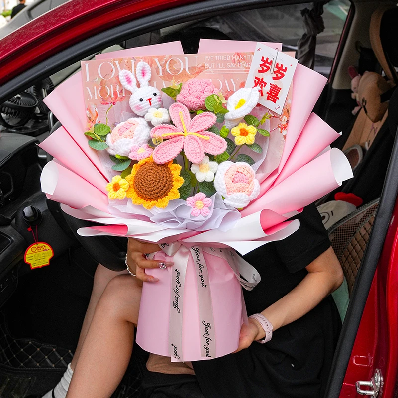 创意手工毛线钩织康乃馨玫瑰毛线花生日礼物成品中高考送孩子闺蜜