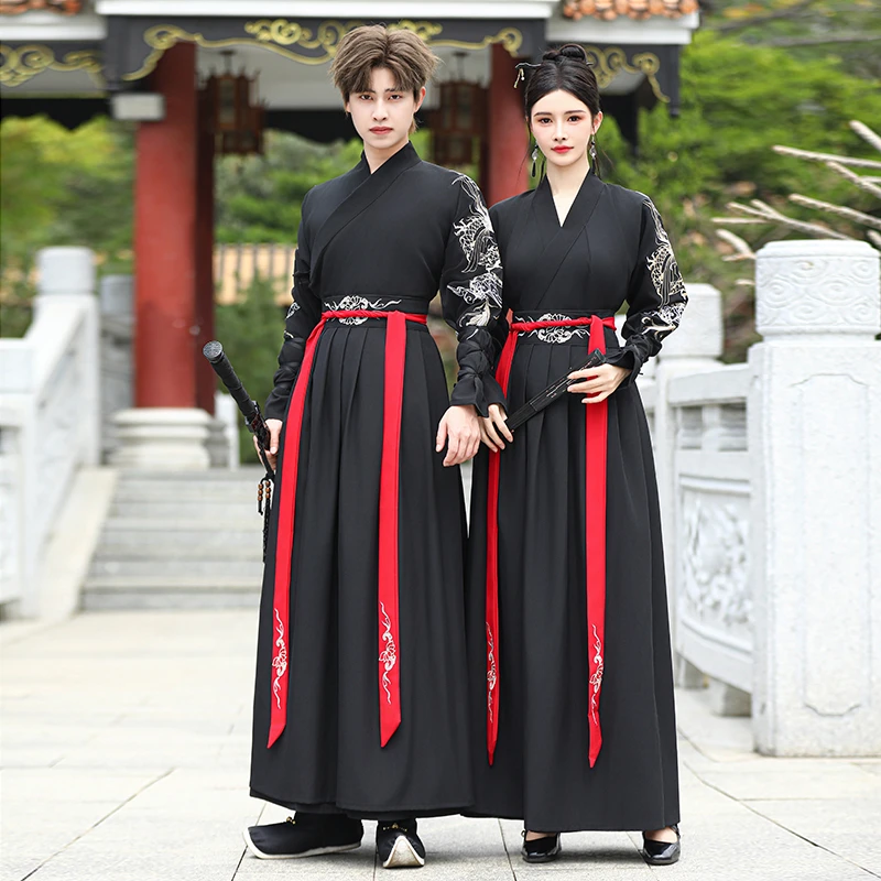 中国风男女同款传统情侣汉服CP装黑色长袖齐腰襦裙刺绣龙纹套装女