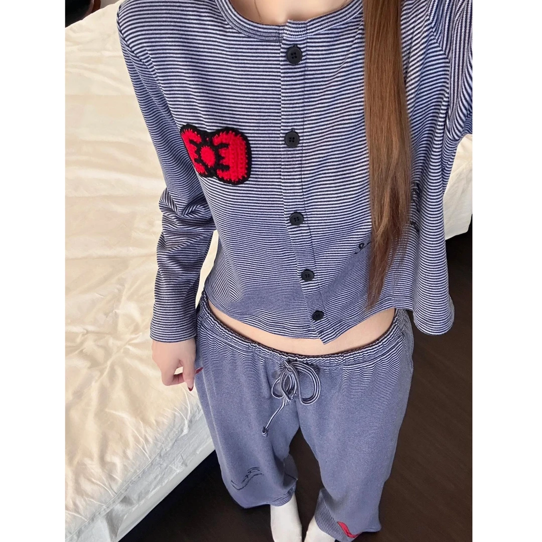 韩系条纹长袖睡衣女款夏季2025新款大码家居服开衫长裤家居服套装