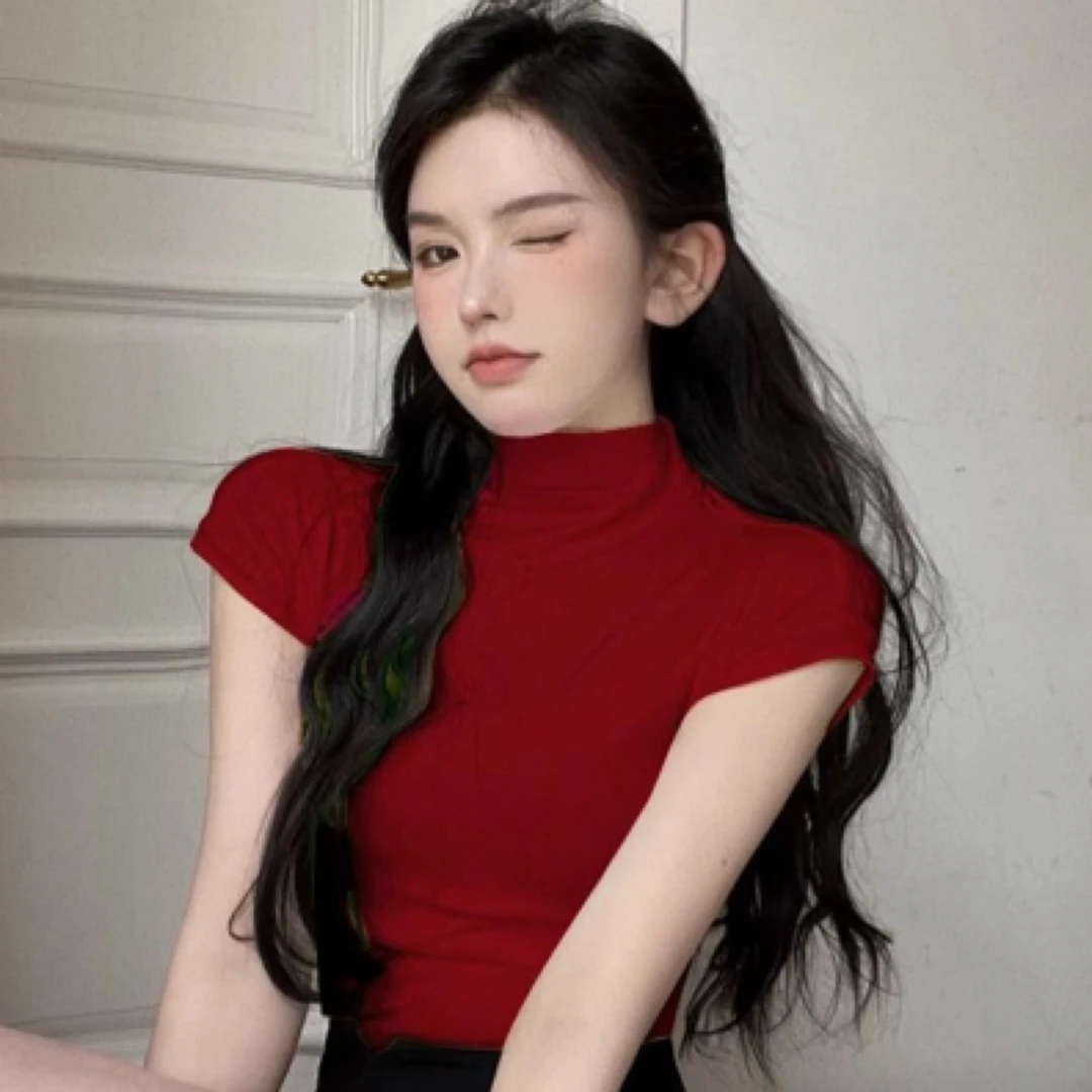 半高领t恤女春秋季内搭洋气袖套短袖夏季纯欲风辣妹红色短款上衣