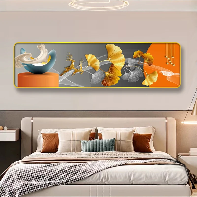 V64镶钻银杏叶卧室装饰画主卧温馨现代中式轻奢房间装饰画捡漏