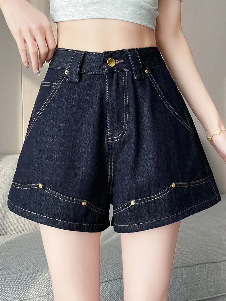 夏季高腰A字大码微胖显瘦百搭透气美式复古热裤夏季牛仔短裤薄款