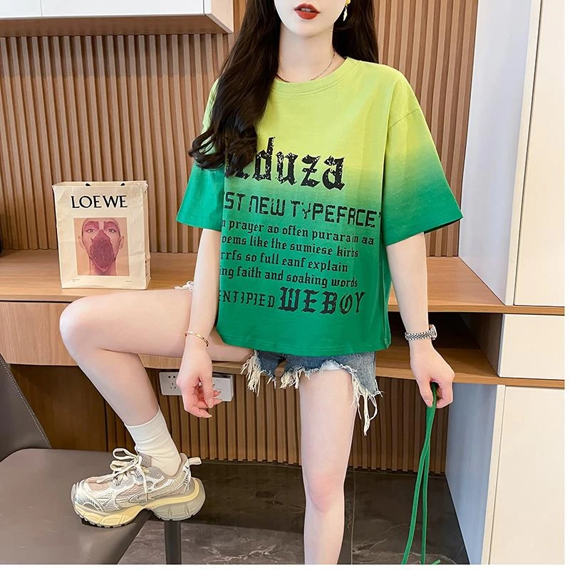 美式复古大版宽松短款时尚拼色扎染上衣女2025夏季新款短袖T恤女