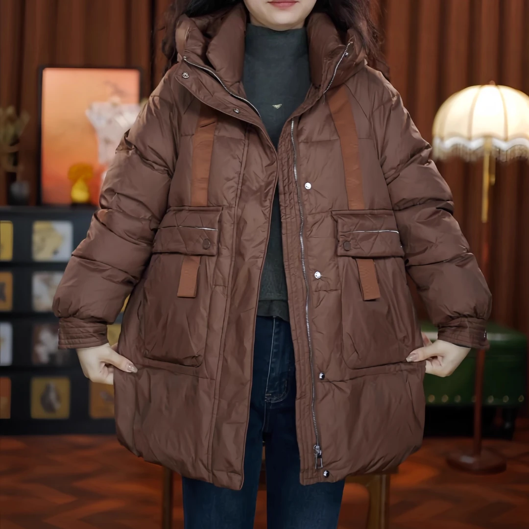 美艳绝伦（红棕色）羽绒服女装连帽国标90白鸭绒冬季短款加厚