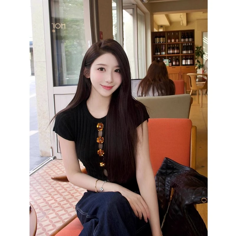 法式小香风气质镂空立体花朵小众针织内搭新款复古圆领性感上衣女