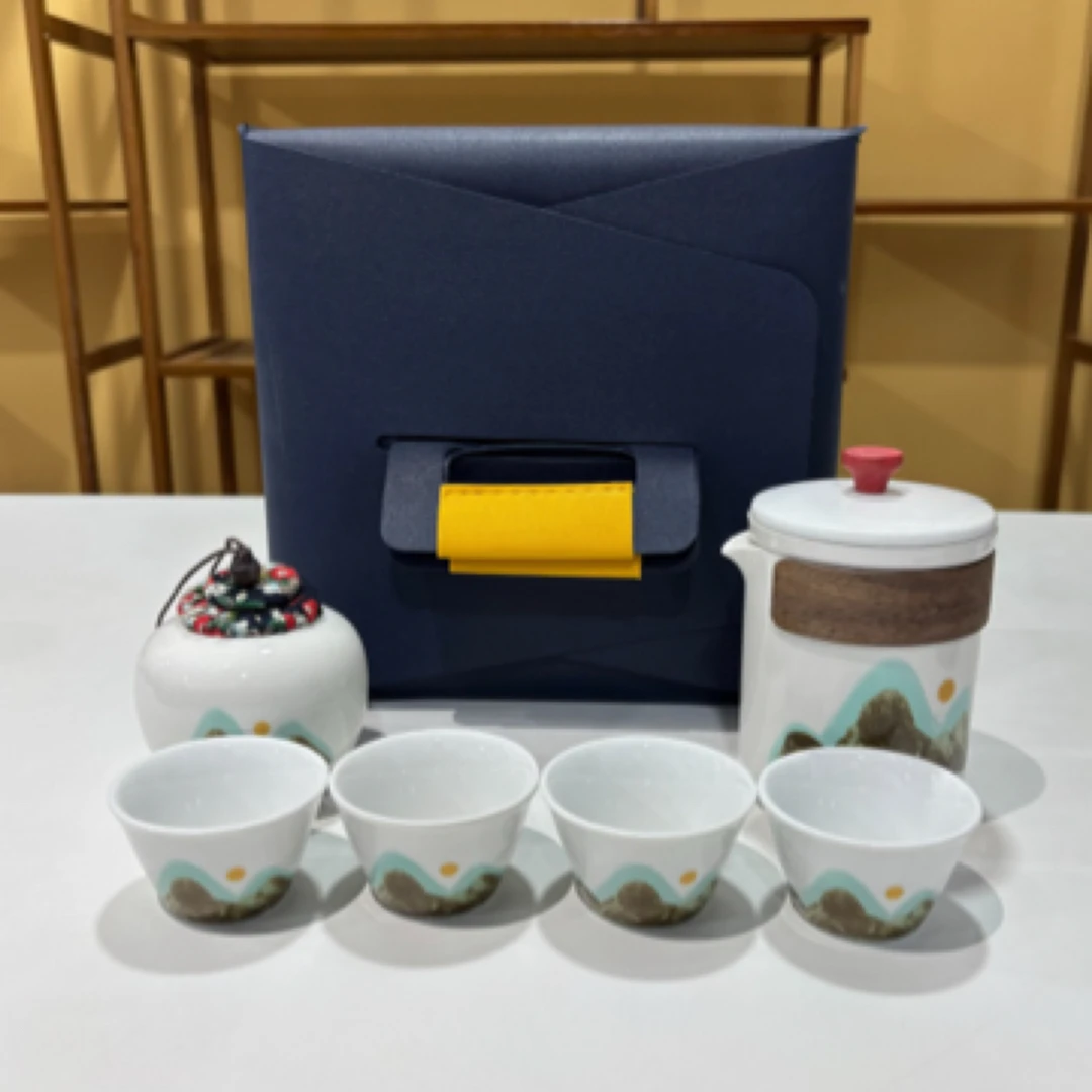 A0568 白/青山古韵壶+4斗笠杯+茶叶罐+四方茶盒/四方包