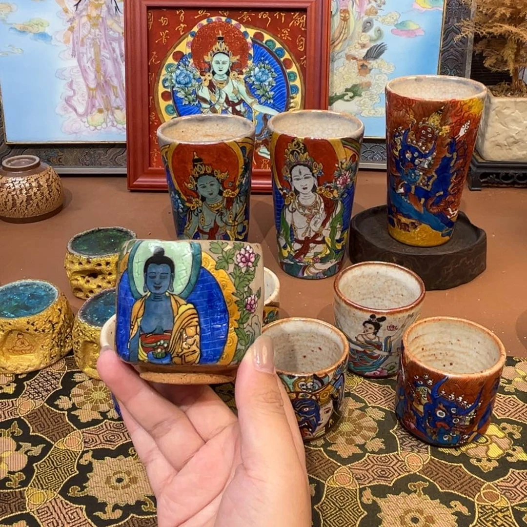 手工手绘药师佛茶杯