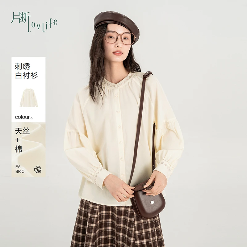 片断衬衫女秋季新款圆领撞色绣花休闲时尚别致百搭长袖衬衣