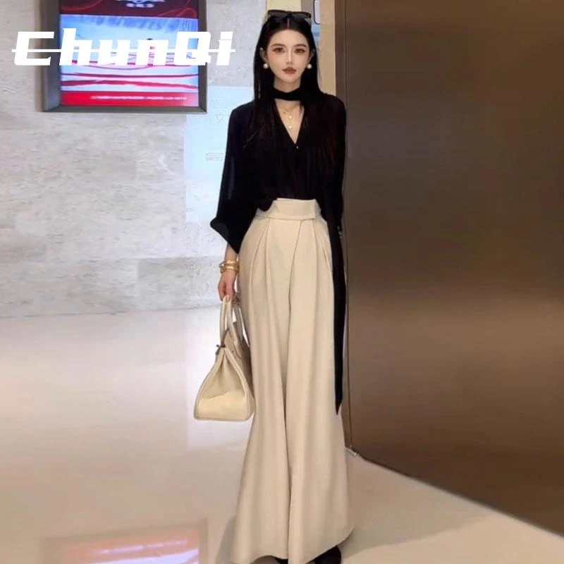 淳启时尚套装黑色系百搭长袖丝滑衬衫大阔腿裤气质套装春季新款女