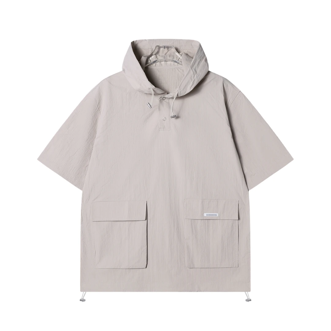 夏季高级感新款美式纯色松紧连帽短袖T恤口袋休闲时尚简约上衣