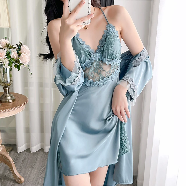 睡衣女2025年新款冰丝薄款蕾丝露背睡裙性感带胸垫吊带睡袍两件套