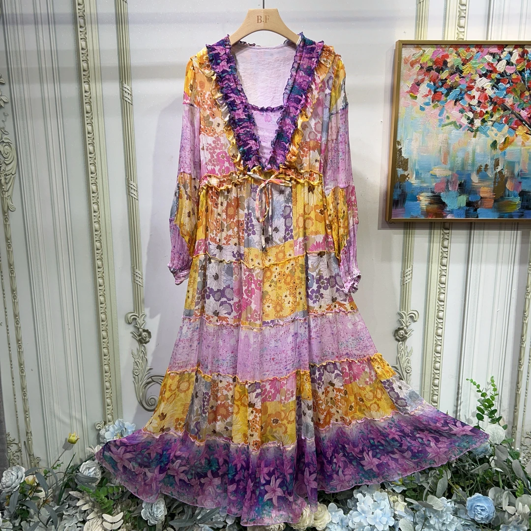 新款松紧腰显高显瘦百搭100纯桑蚕丝连衣裙长袖 收腰