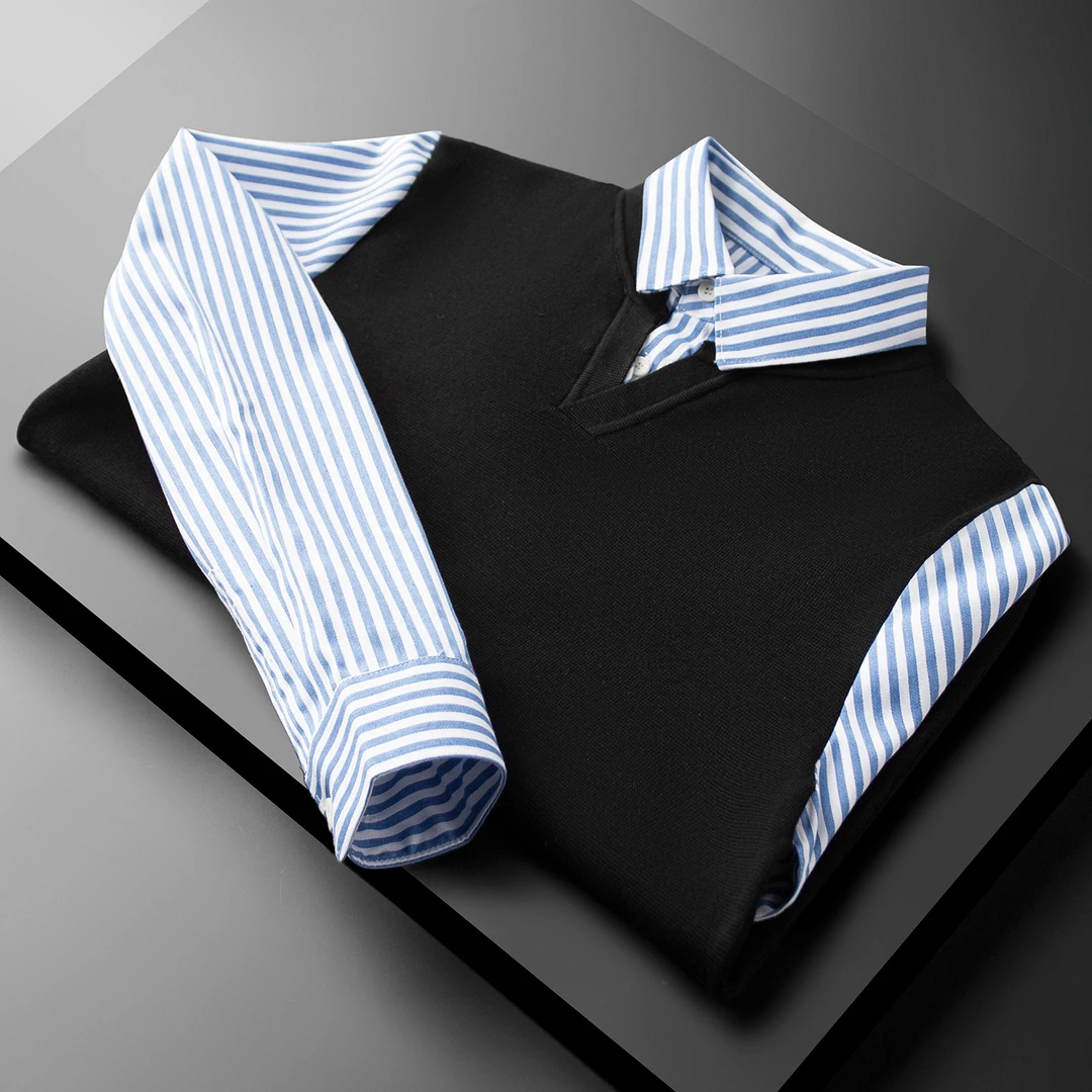 美式学院风假两件针织毛衣进口机16针条纹衬衫领拼接套头POLO衫男