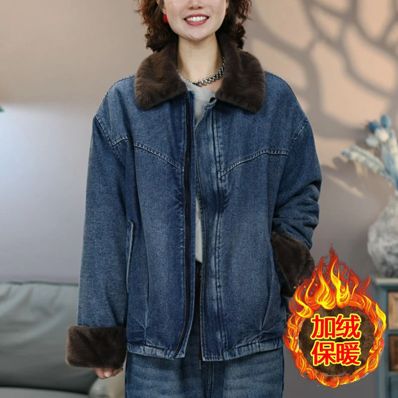 2621加绒毛领牛仔棉服女2025冬季新款加绒加厚百搭防风保暖棉衣
