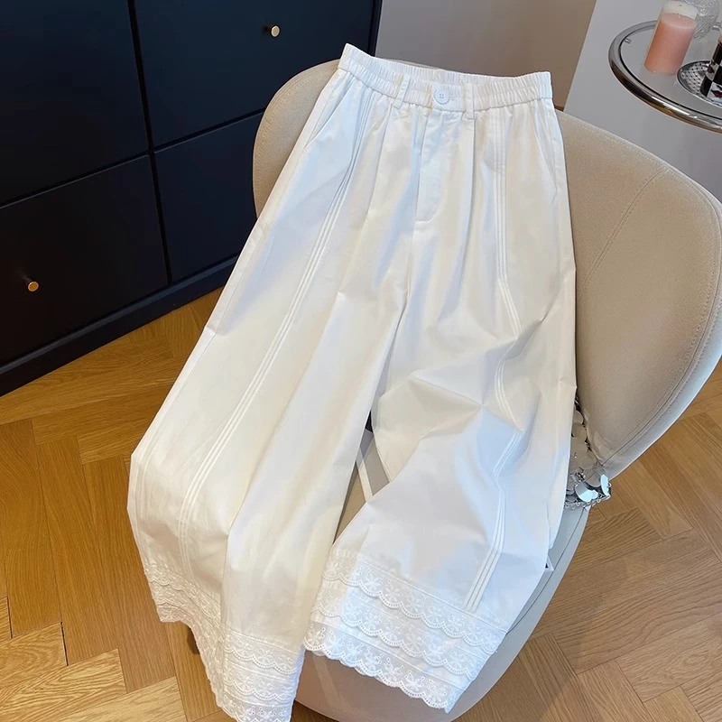 韩版白色蕾丝拼接花边底九分阔腿裤夏2025新款宽松显瘦遮肉直筒裤