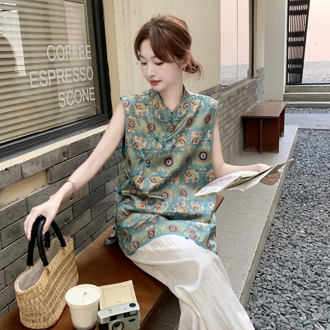 新中式国风女装知性风上衣2025夏季新款复古洋气衣服唐装无袖衬衫