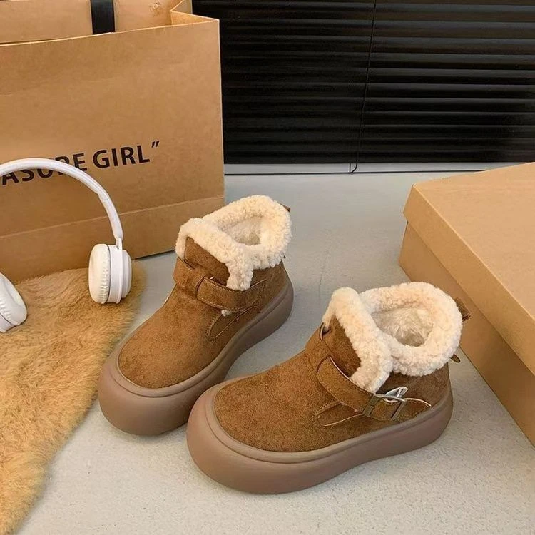 小熊家雪地靴女2024新款秋冬季加绒加厚搭扣时尚短筒靴棉鞋